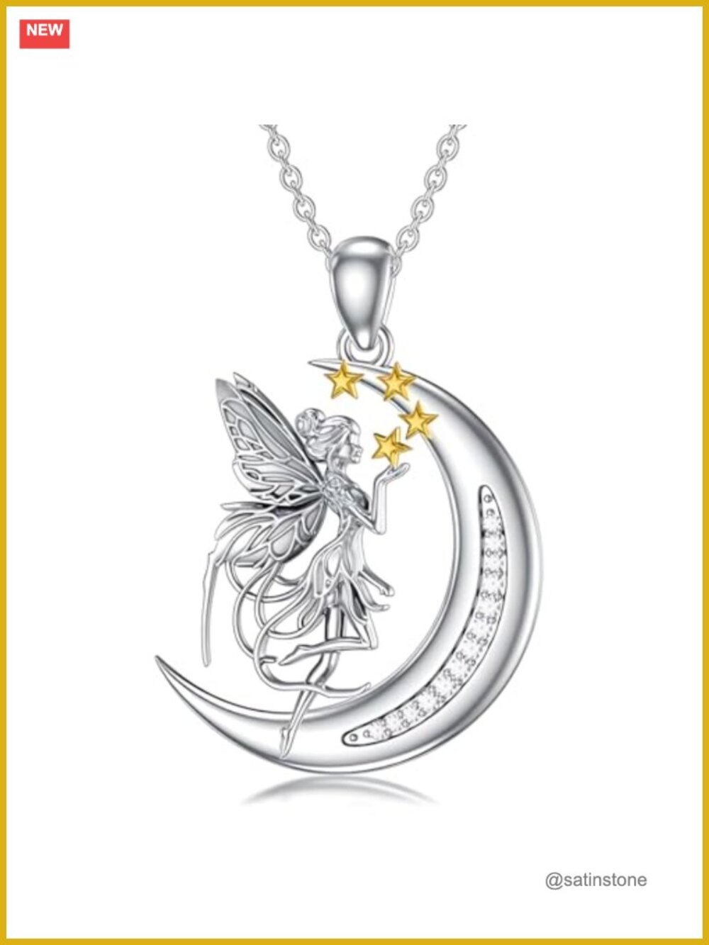 Fairy Moon Star Necklace Brass Celestial Pendant Angel Wings Crystal